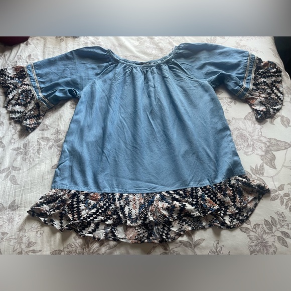 Ali Miles Chambray Ikat Ruffle Trim Blouse Top 1X Tencel Plus Size Office Casual - Picture 1 of 7